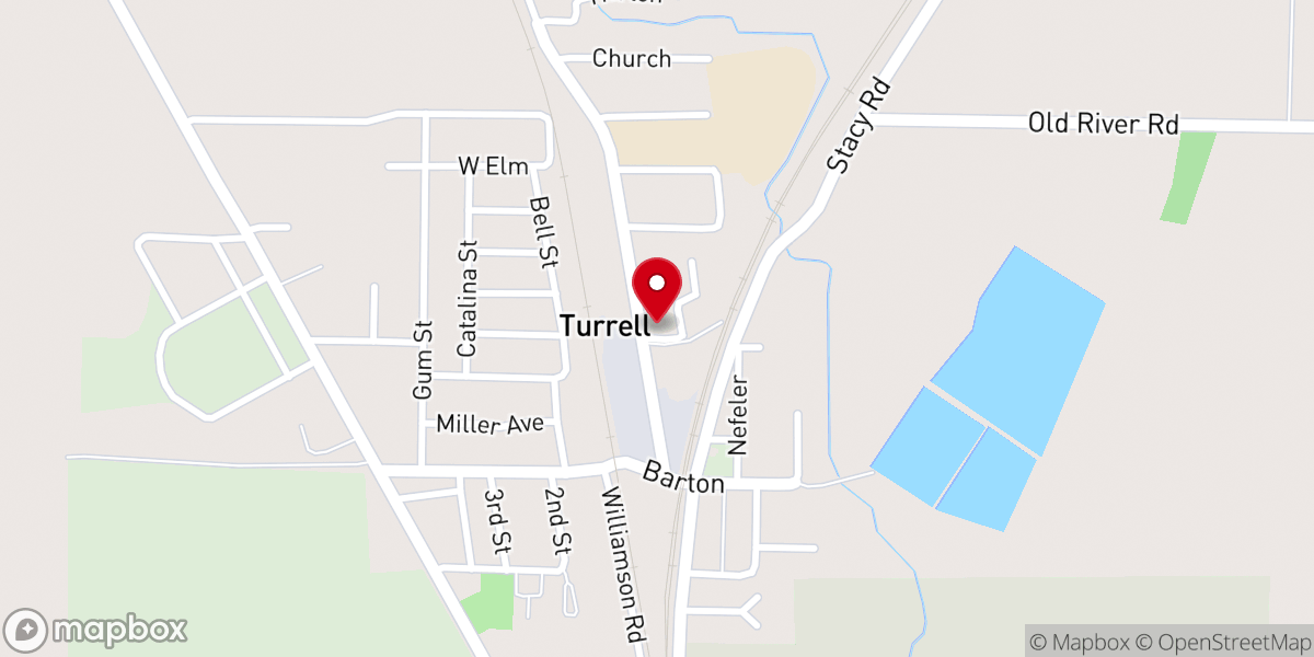 Map showing location of Turrell City Hall
