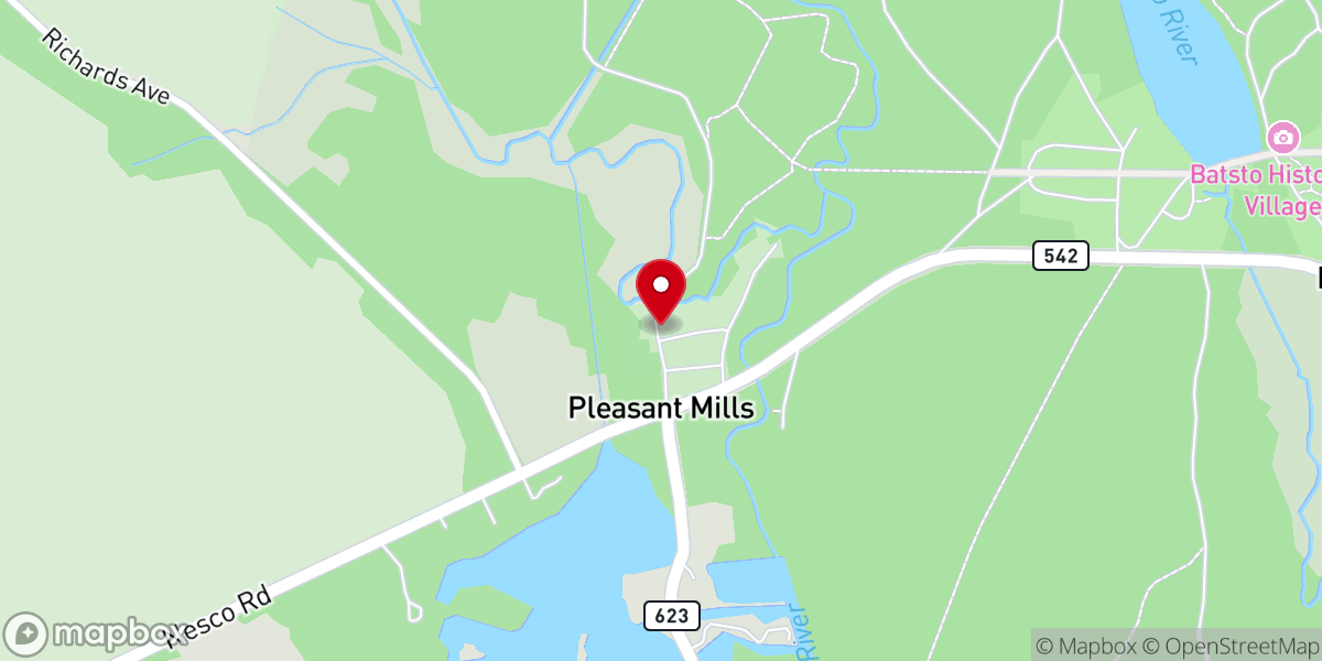 Map showing location of Batsto-Pleasant Mills United Methodist Church and Nescochague Creek Bridge