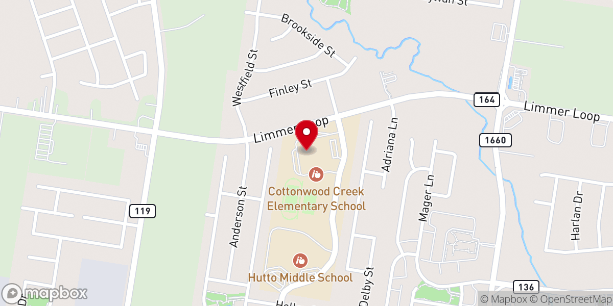 Map showing location of Cottonwood Creek Elementary, Hutto, Texas