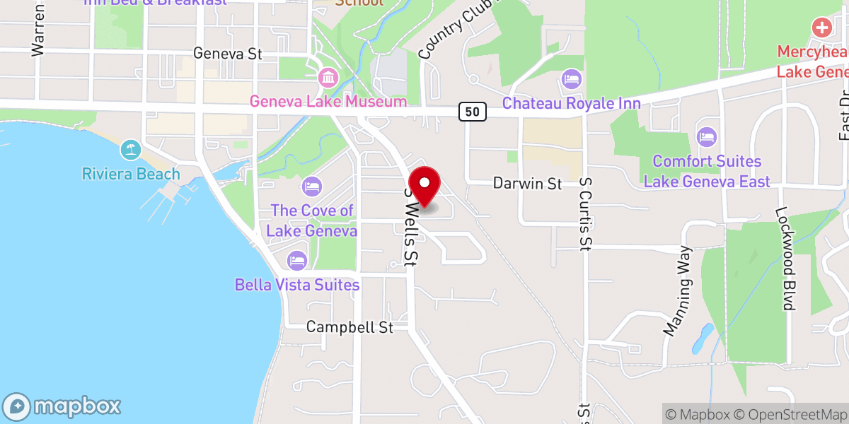 Map showing location of Geneva Lakes Family YMCA