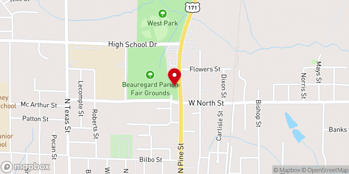 Map showing location of Beauregard Parish Fair Grounds