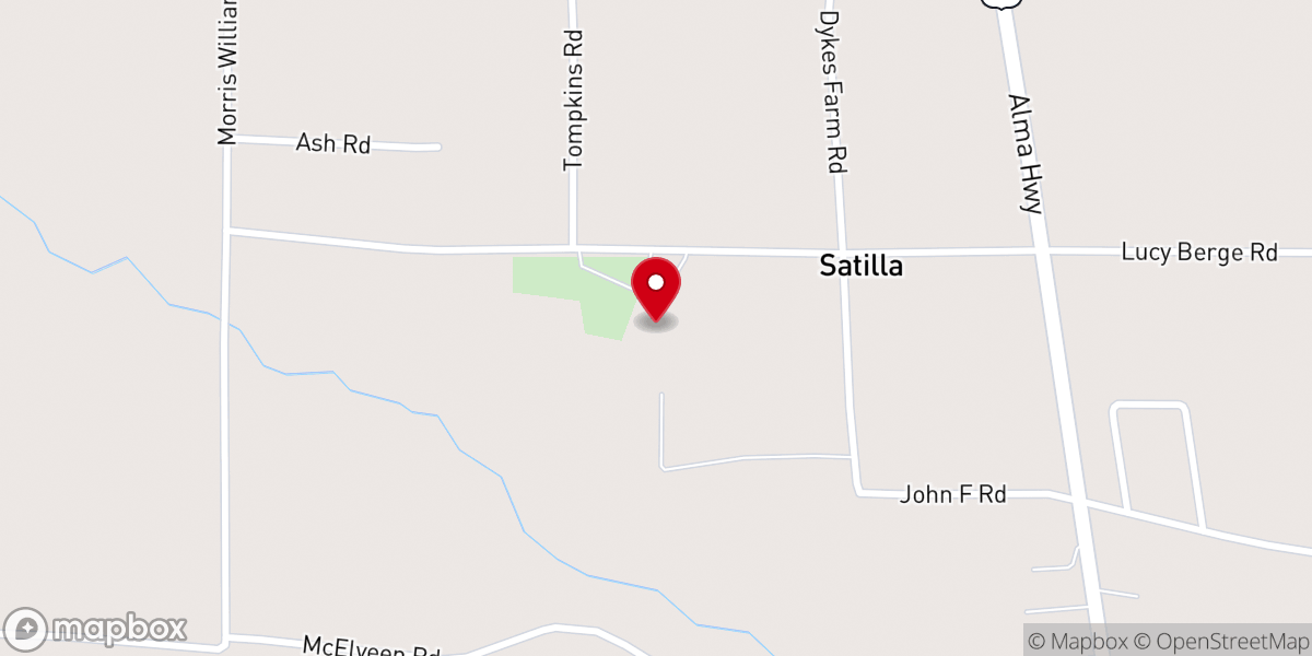 Map showing location of Satilla Freewill Baptist Church