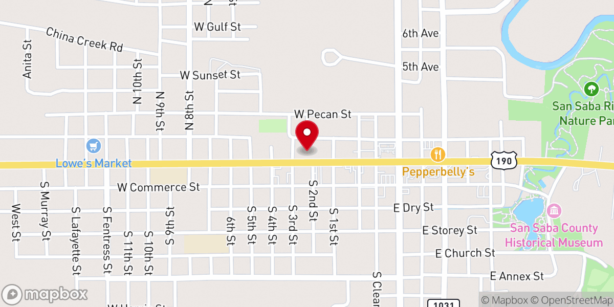 Map showing location of San Saba's First Baptist Church