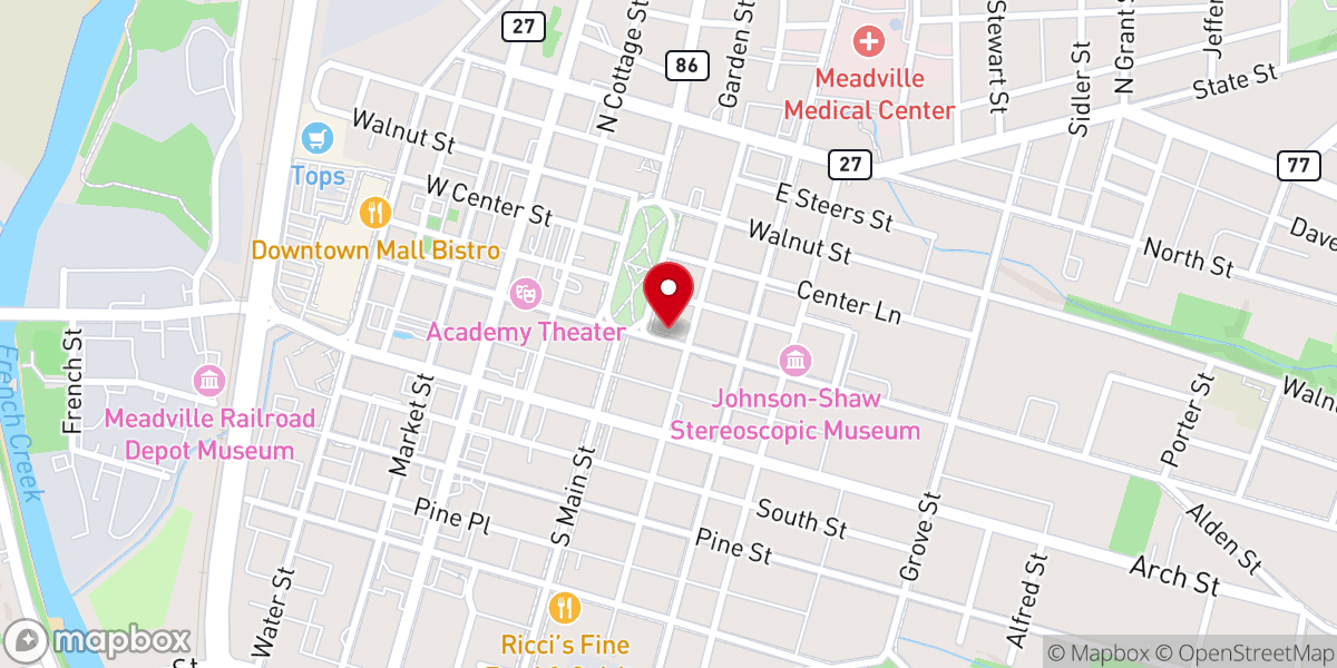 Map showing location of First Baptist Church of Meadville