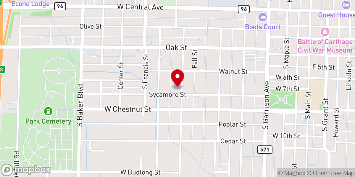 Map showing location of Carthage Family Worship Center C.F.W.C.