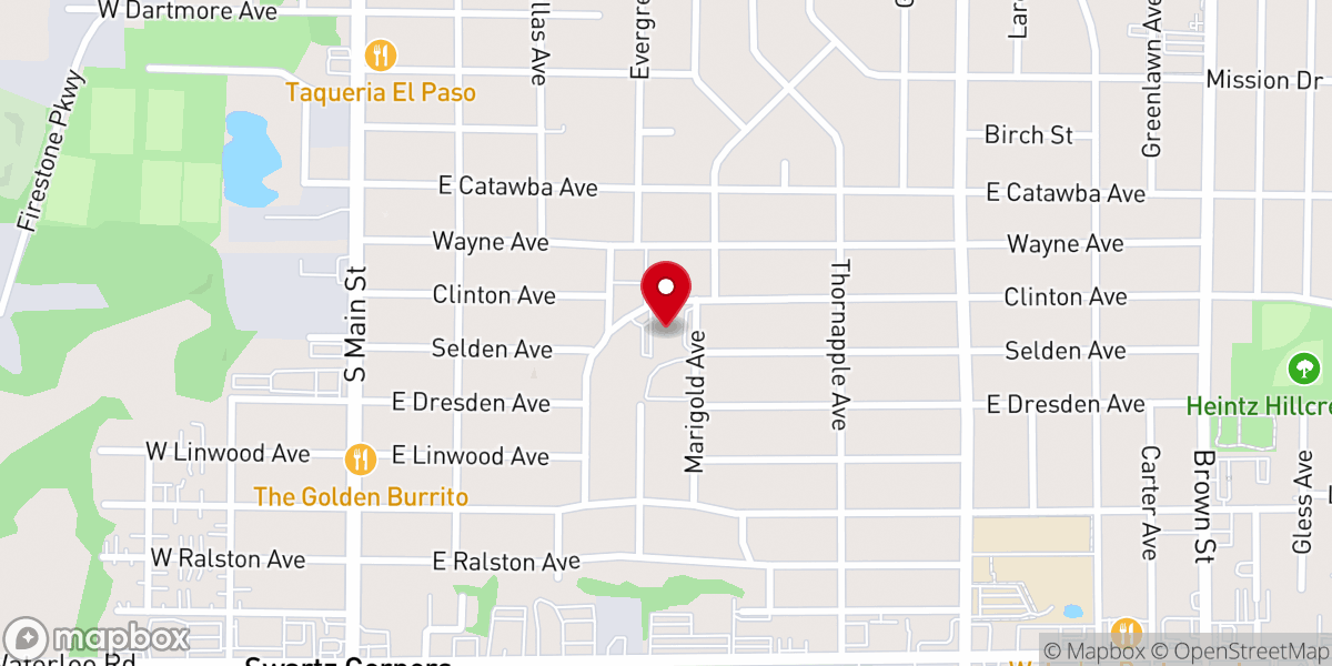 Map showing location of Akron First Church of the Brethren