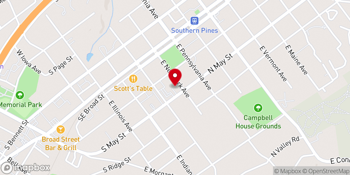 Map showing location of First Baptist Church, Southern Pines
