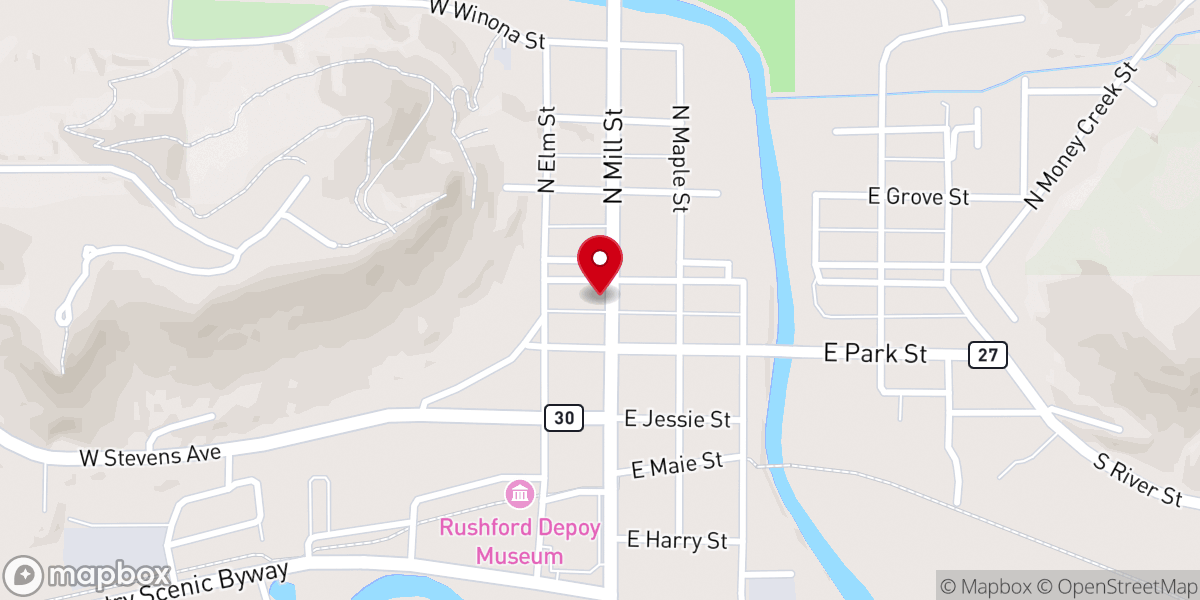 Map showing location of Rushford Lutheran Church
