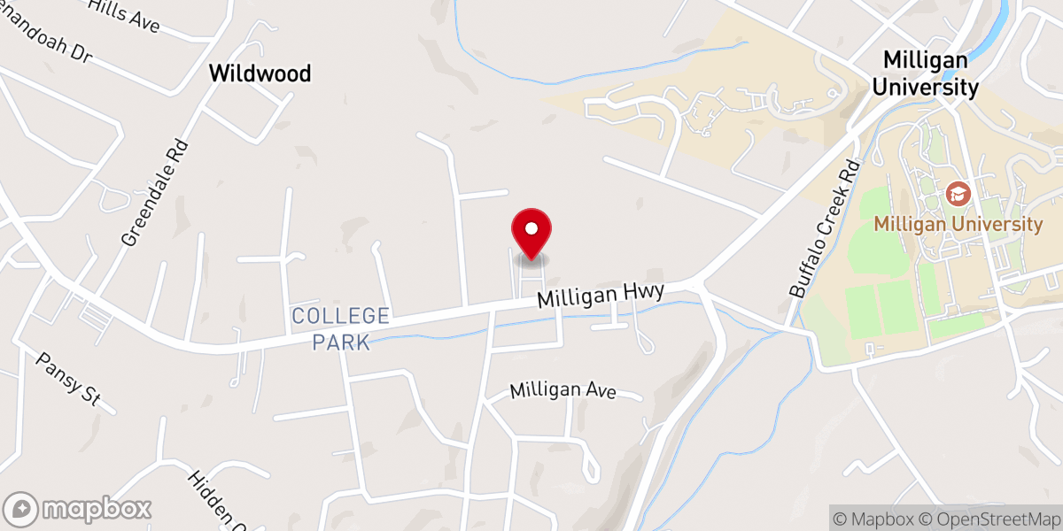 Map showing location of Milligan Free Will Baptist Church