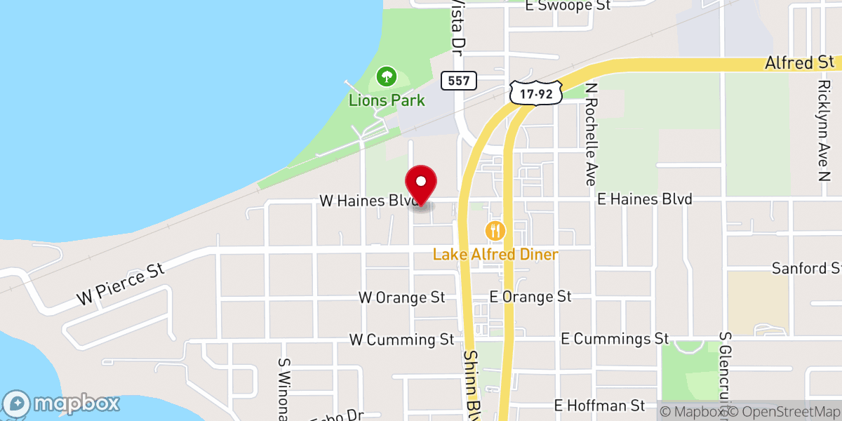 Map showing location of lake Alfred church