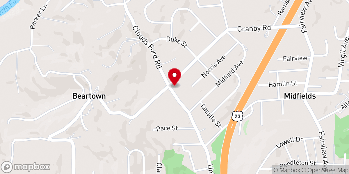 Map showing location of Midfield Free Will Baptist Church