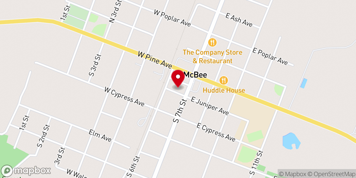 Map showing location of McBee Town Hall