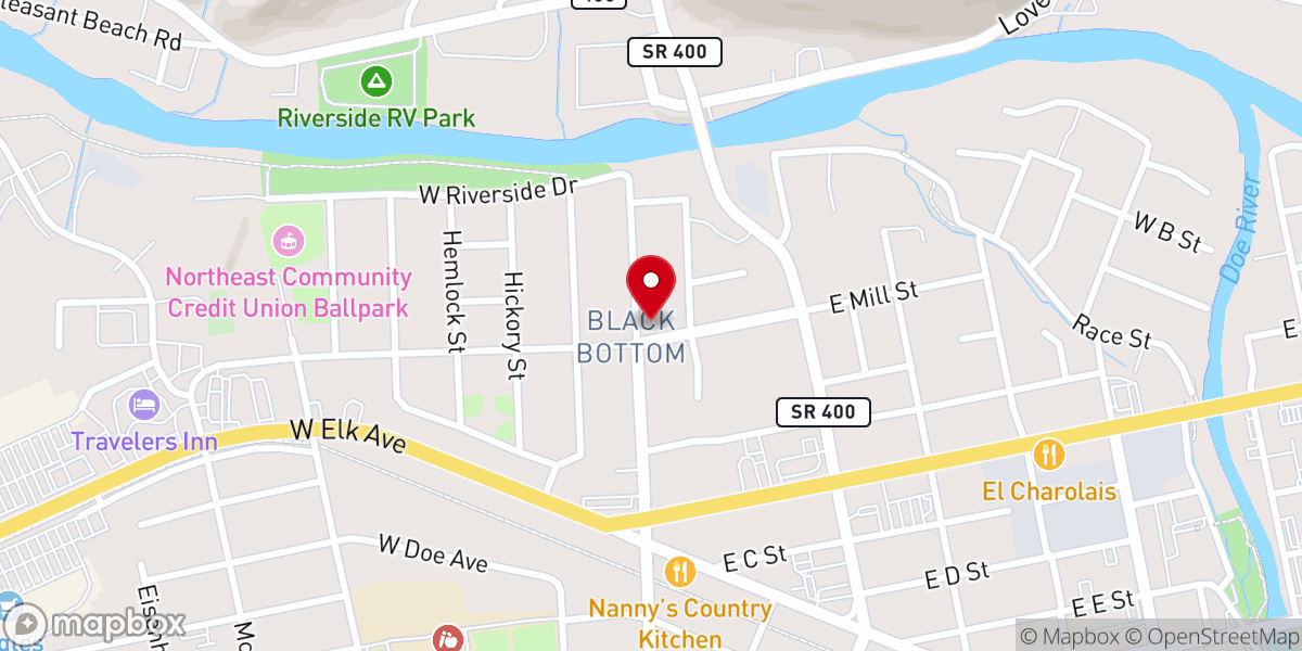 Map showing location of Roan Street Freewill Baptist Church