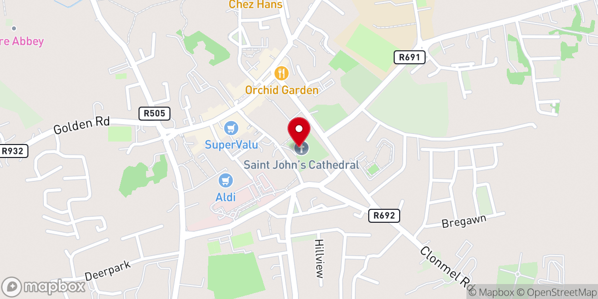 Map showing location of The Cathedral Church of St John the Baptist and St Patrick's Rock (Cashel Cathedral)