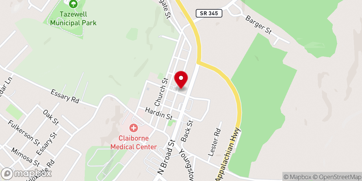 Map showing location of Tazewell Baptist Church