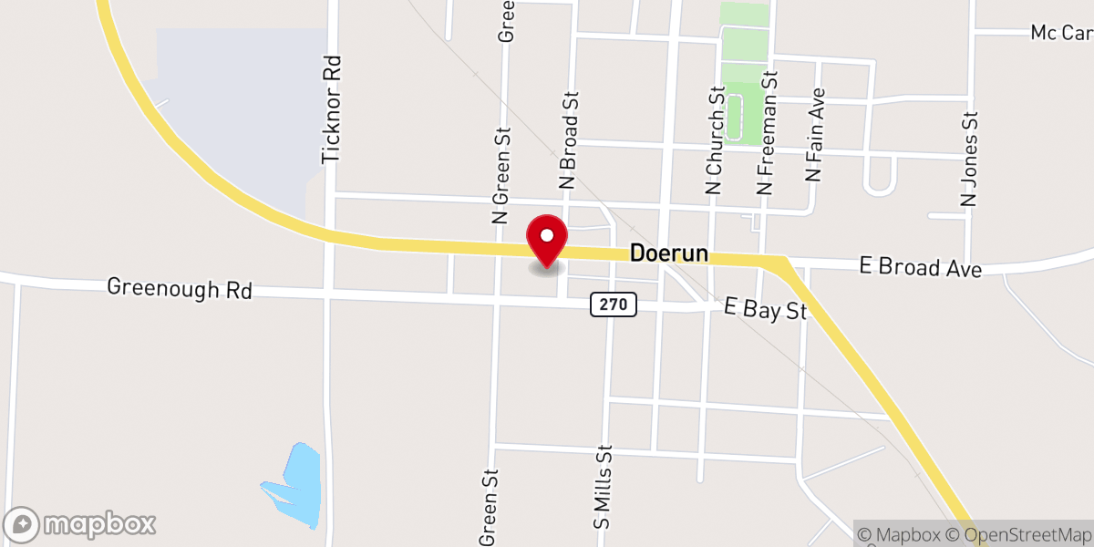 Map showing location of First Baptist Church of Doerun