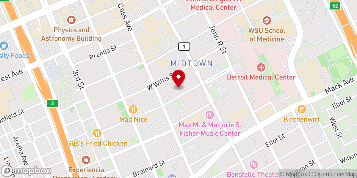 Map showing location of Woodside Bible Church - Detroit