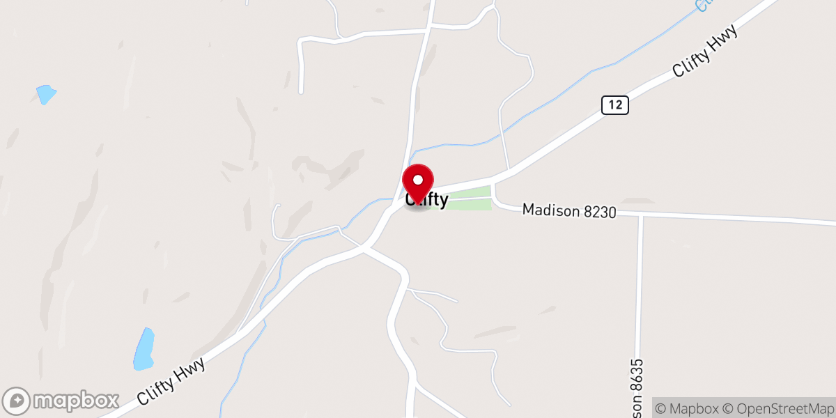 Map showing location of Clifty Free Will Baptist Church