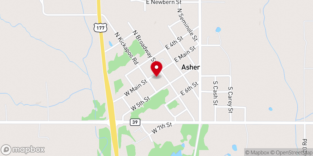 Map showing location of Asher City Hall