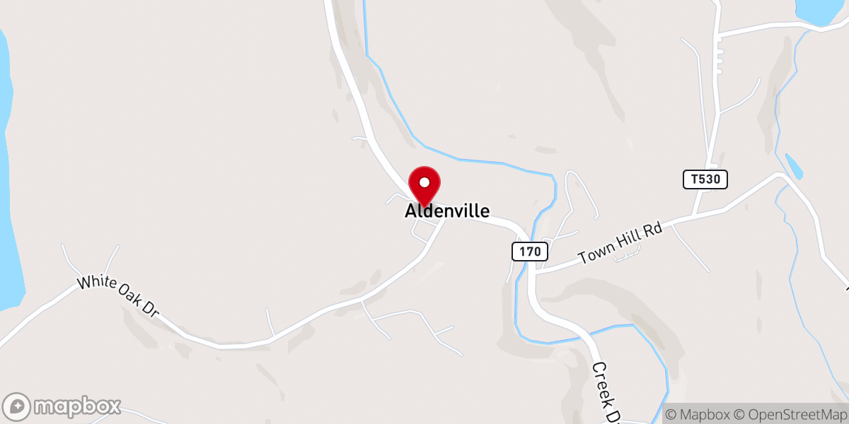 Map showing location of Aldenville Baptist Church