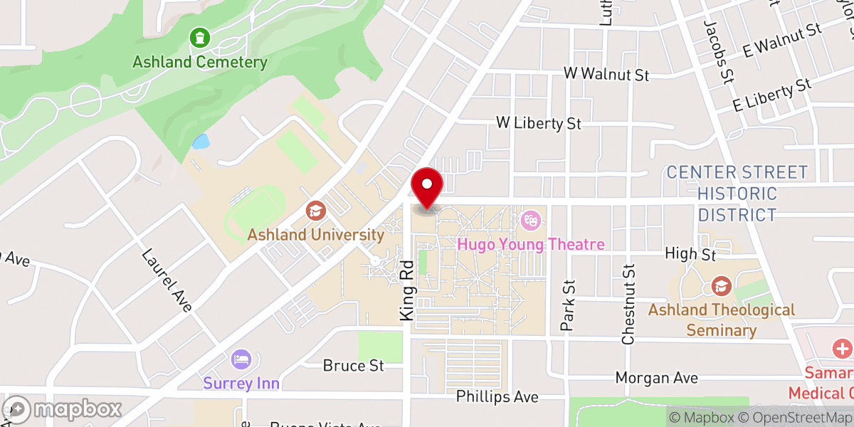Map showing location of Ashland University Jack & Deb Miller Chapel