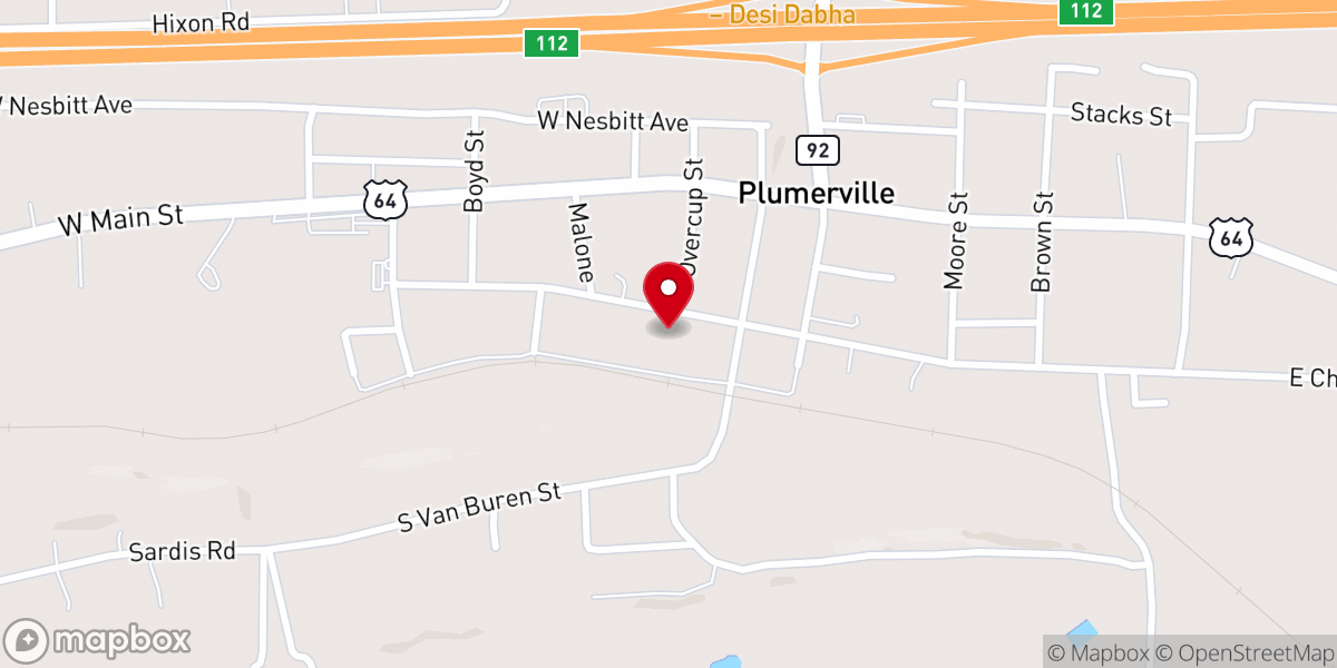 Map showing location of Plumerville First Baptist Church