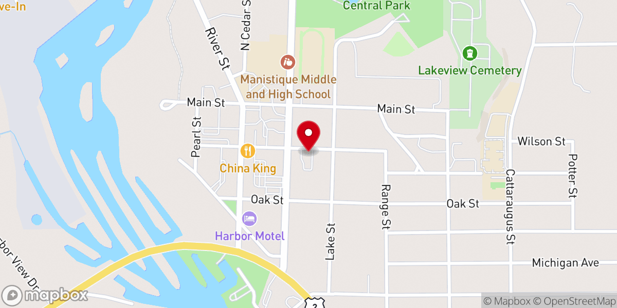 Map showing location of First Baptist Church of Manistique
