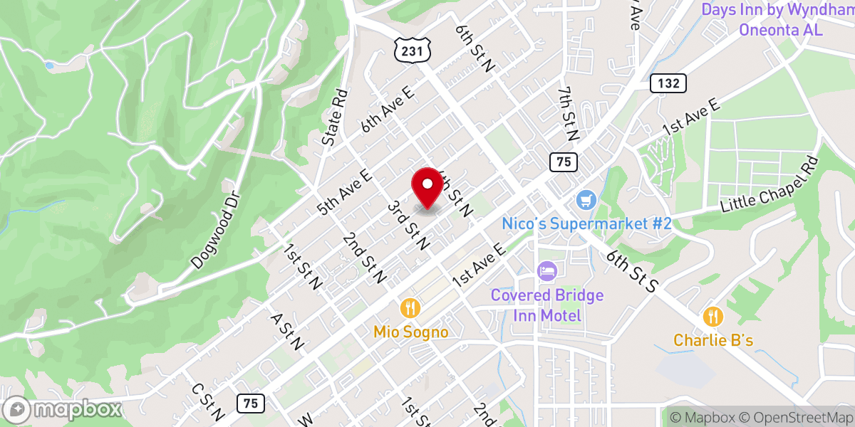 Map showing location of Oneonta First Baptist Church