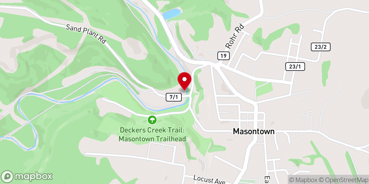 Map showing location of Deckers Creek Trail: Masontown Trailhead