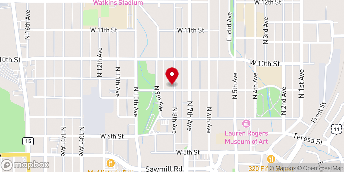 Map showing location of First Pentecostal Church of Laurel