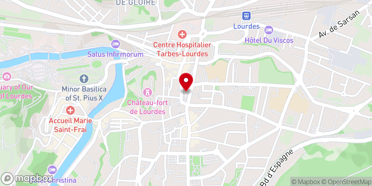 Map showing location of Emplacement de l'ancienne église St Pierre ou fut baptisé Ste Bernadette e