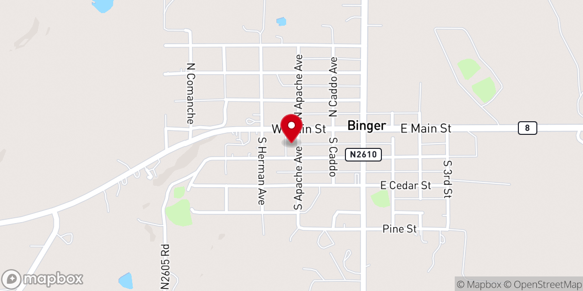 Map showing location of Binger Baptist Church