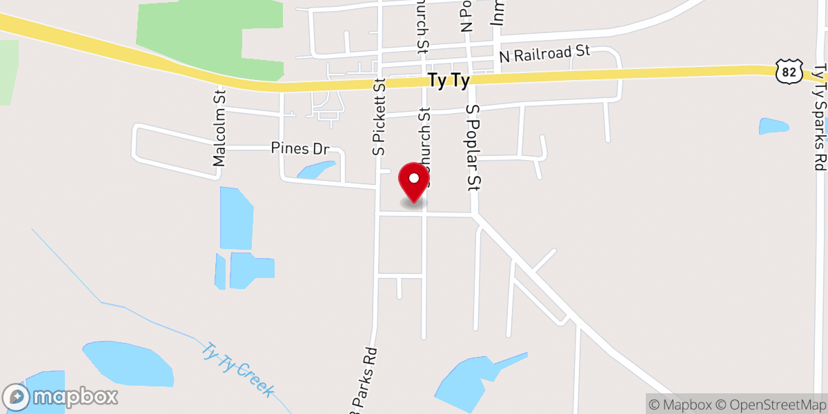 Map showing location of Ty Ty United Methodist Church