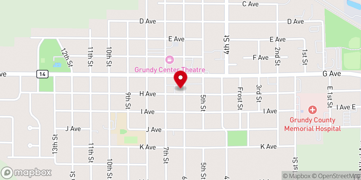 Map showing location of Grundy Center Cornerstone Methodist Church