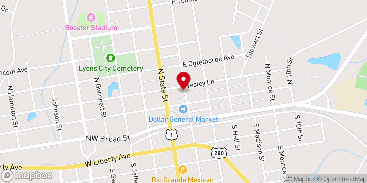 Map showing location of Lyons Community Church of Lyons, Georgia