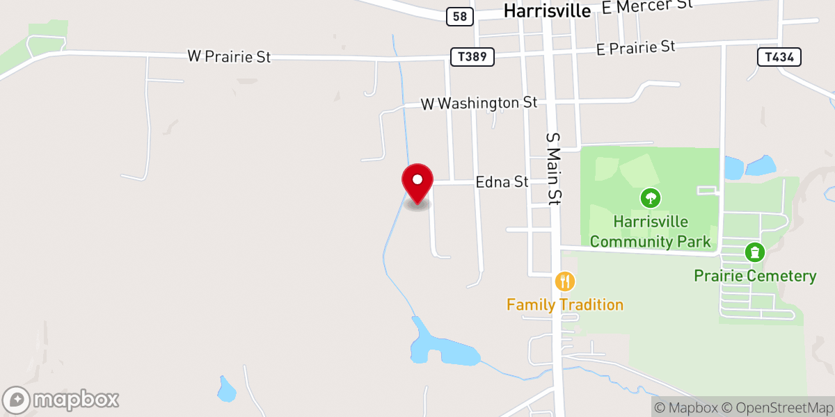 Map showing location of Harrisville Branch Church