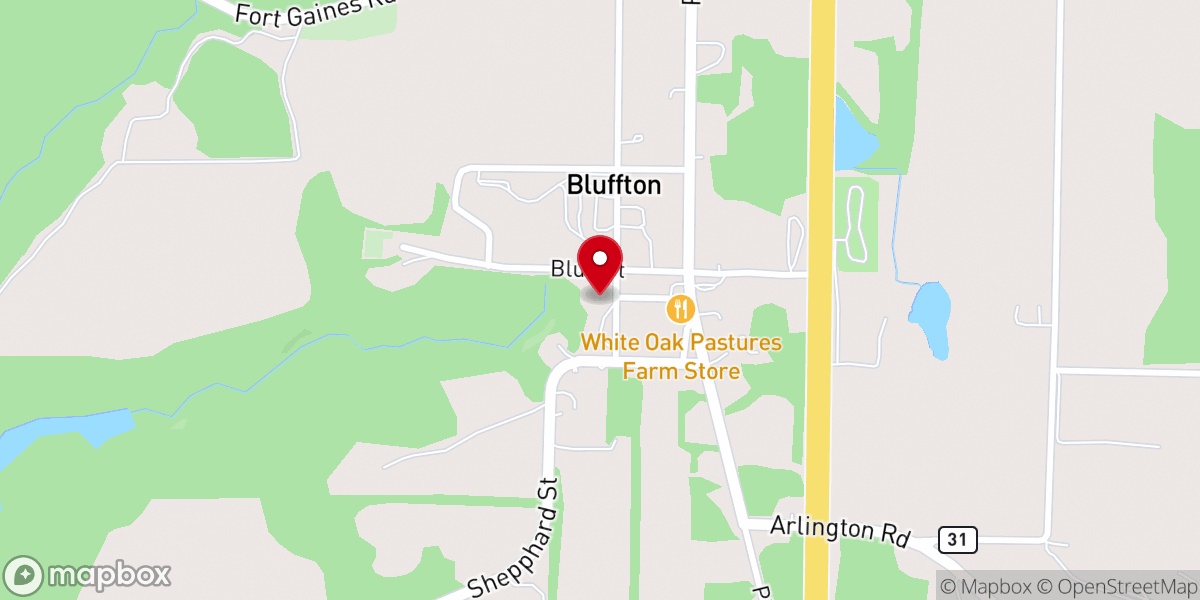 Map showing location of Bluffton Baptist Church