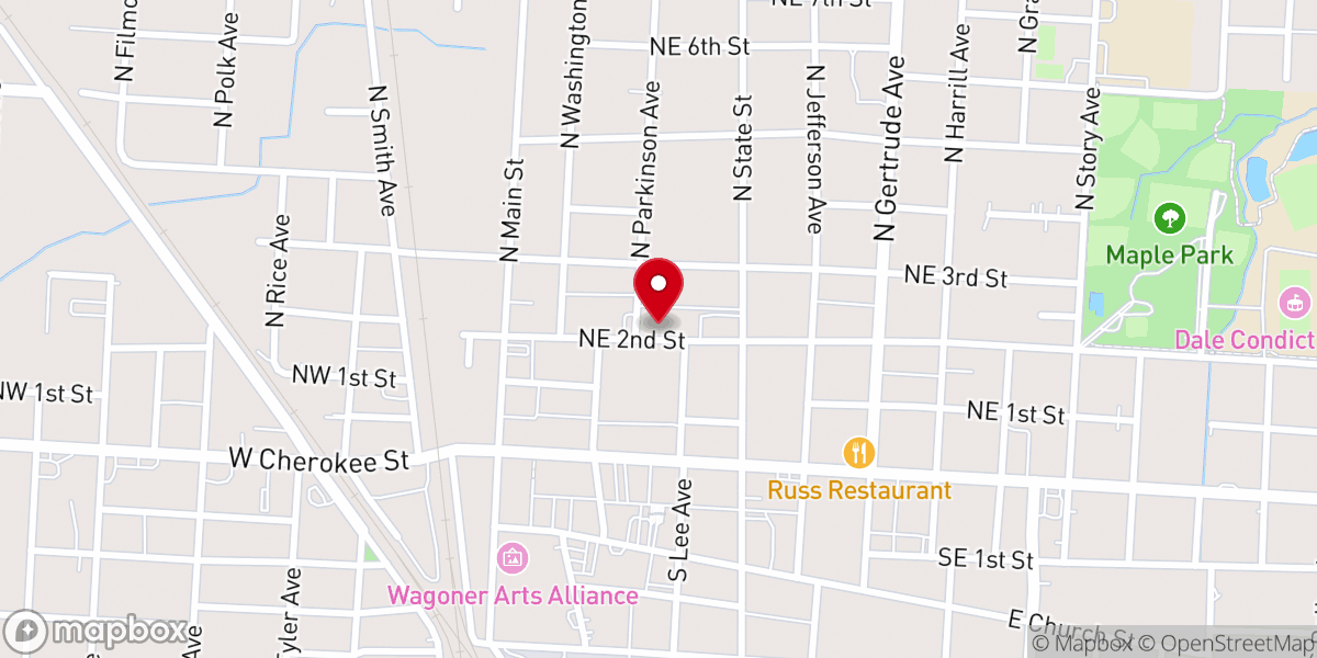 Map showing location of First Baptist Church of Wagoner