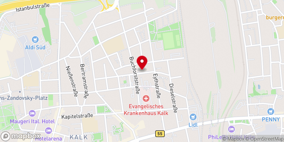 Map showing location of Ev. Kirchengemeinde Kalk-Humboldt, Gemeindebüro