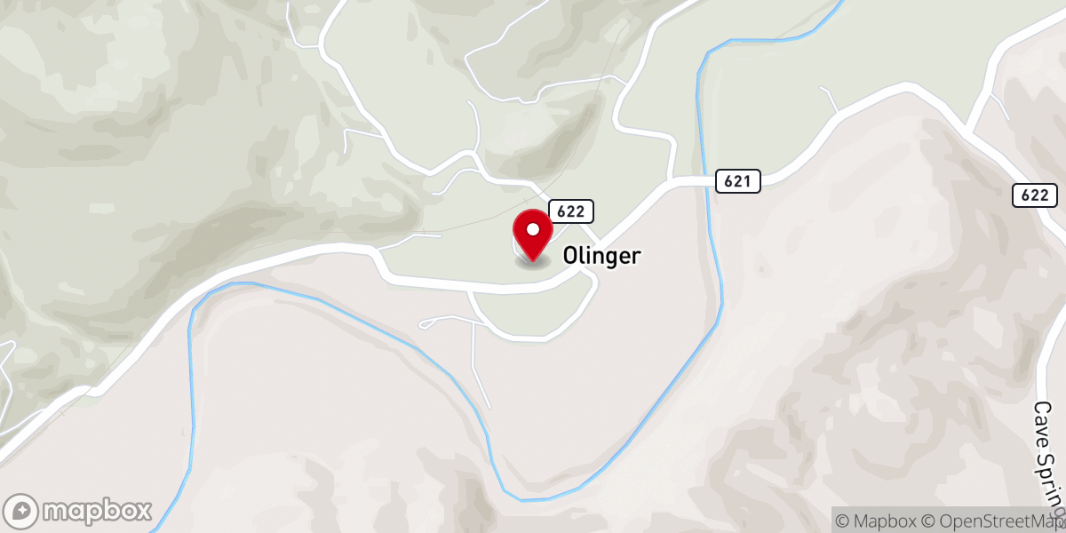 Map showing location of Olinger Baptist Church