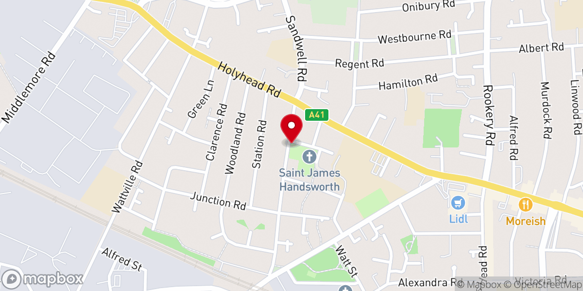 Map showing location of Parish Church of St James, Birmingham