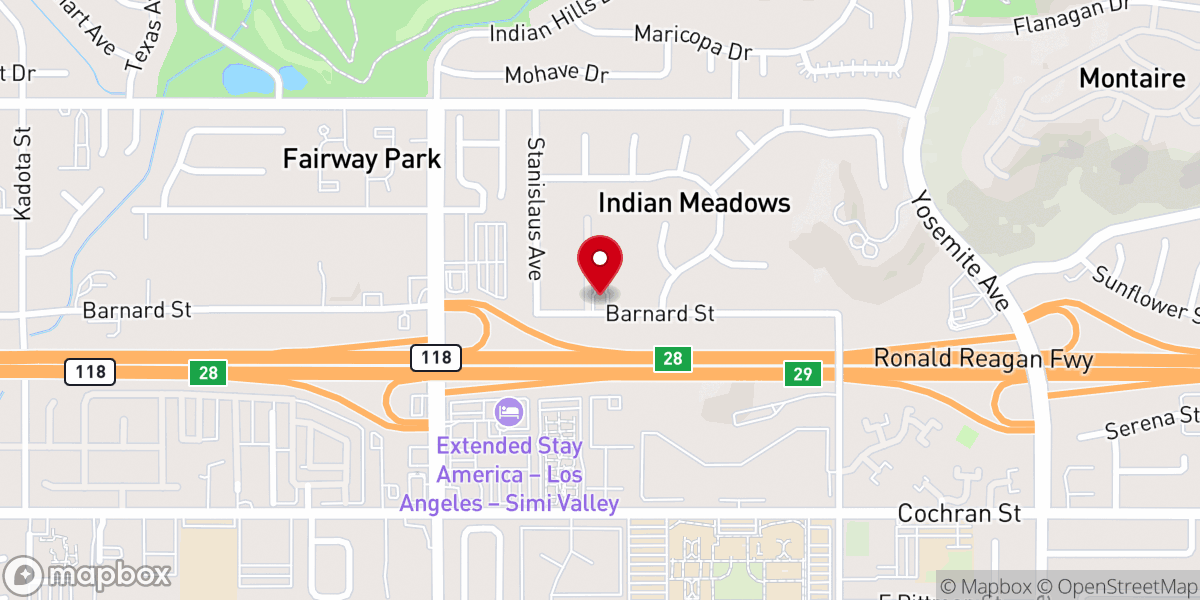 Map showing location of Kingdom Hall of Jehovah's Witnesses--Oak Knolls, Santa Susana, & Simi East Spanish