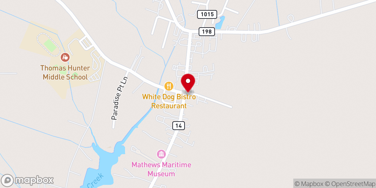 Map showing location of Mathews County Visitor and Information Center