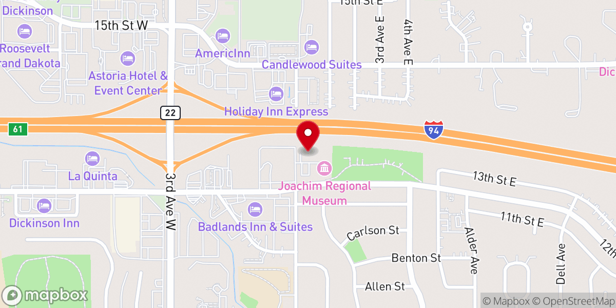Map showing location of Dickinson Museum Center & Badlands Dinosaur Museum
