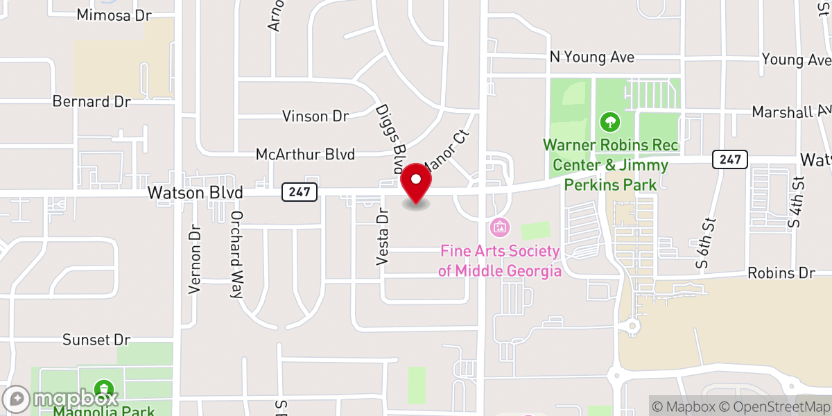 Map showing location of First Baptist Church of Warner Robins