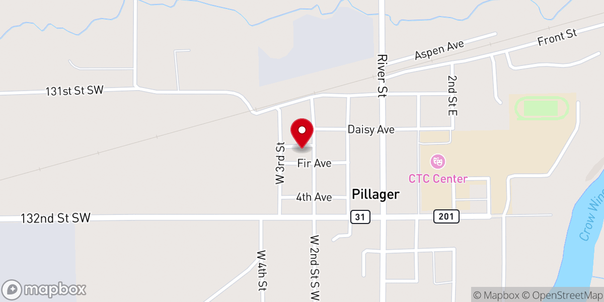 Map showing location of Pillager city hall