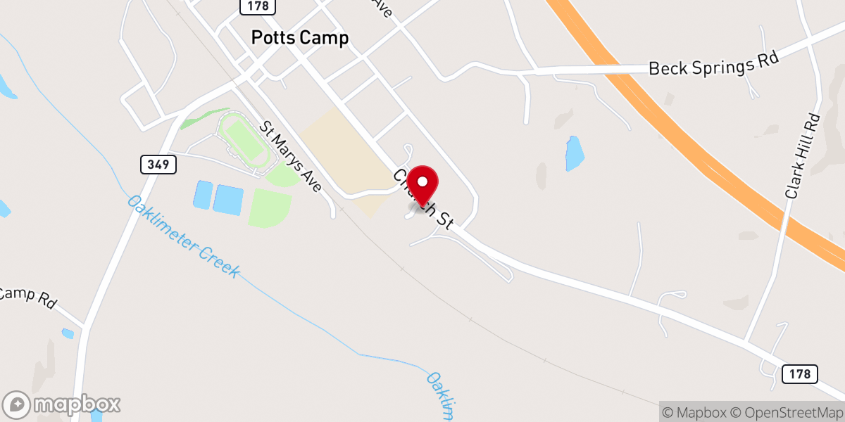 Map showing location of Potts Camp Church of Christ