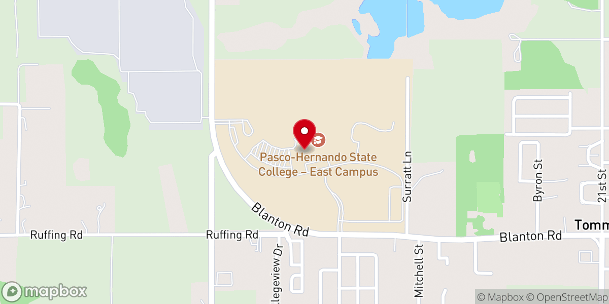Map showing location of Pasco-Hernando State College, East Campus