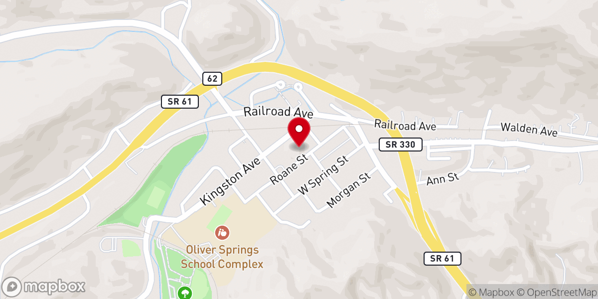 Map showing location of First Baptist Church of Oliver Springs