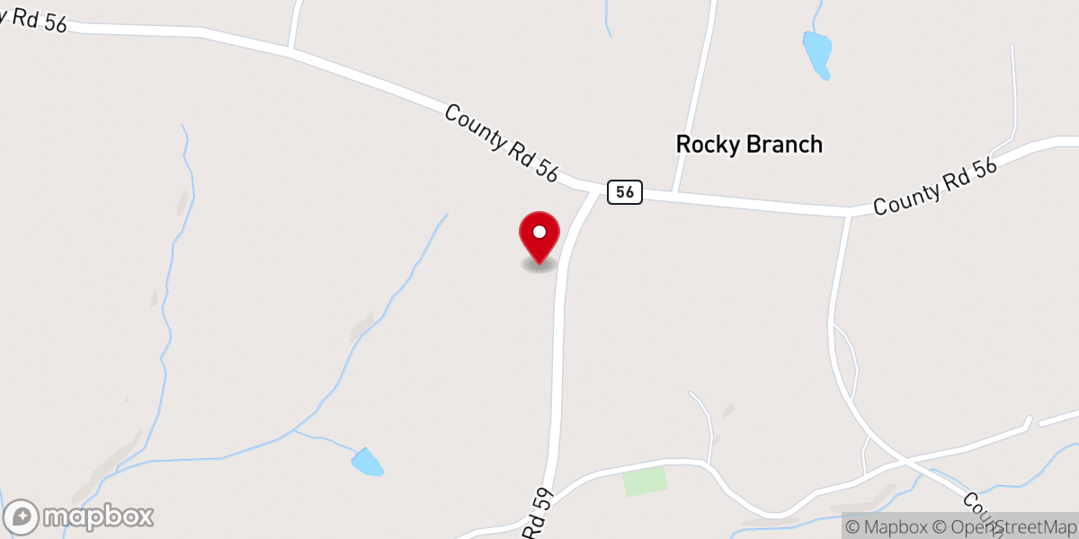 Map showing location of Rocky Branch Baptist Church